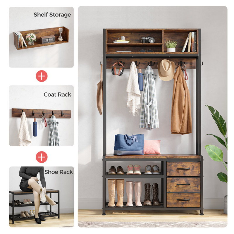 Stephaie 31.5" Wide Coat Rack, 4-in-1 Hall Tree with Bench and Shoe Storage for Entryway with Hooks