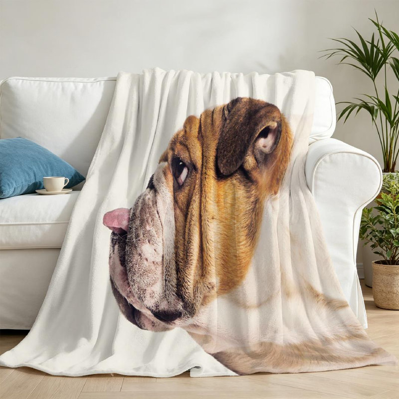 Jeté en molleton beige flanelle ultra doux, imprimé en bulldog anglais, Throw 50" x 60"