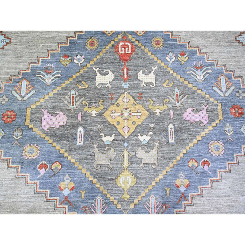 Tapis gris noué à la main de conception unique 8 pi 8 po x 11 pi 7 po New Age