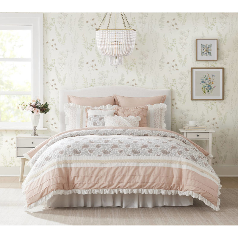 Édredon 9 pièces pour très grand lit - coton, motif cachemire, bride, 2 taies décoratives, coussins décoratifs Euro 3, tissu, avec imprimé, tissu acarien