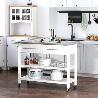 Utility Cart For Kitchen, Stainless Steel Worksurface And Rustic Decor, Gray, 3 Shelf With Drawers Portability Rolling Kitchen Island, Surface White Pine Design, Space Saving Storage