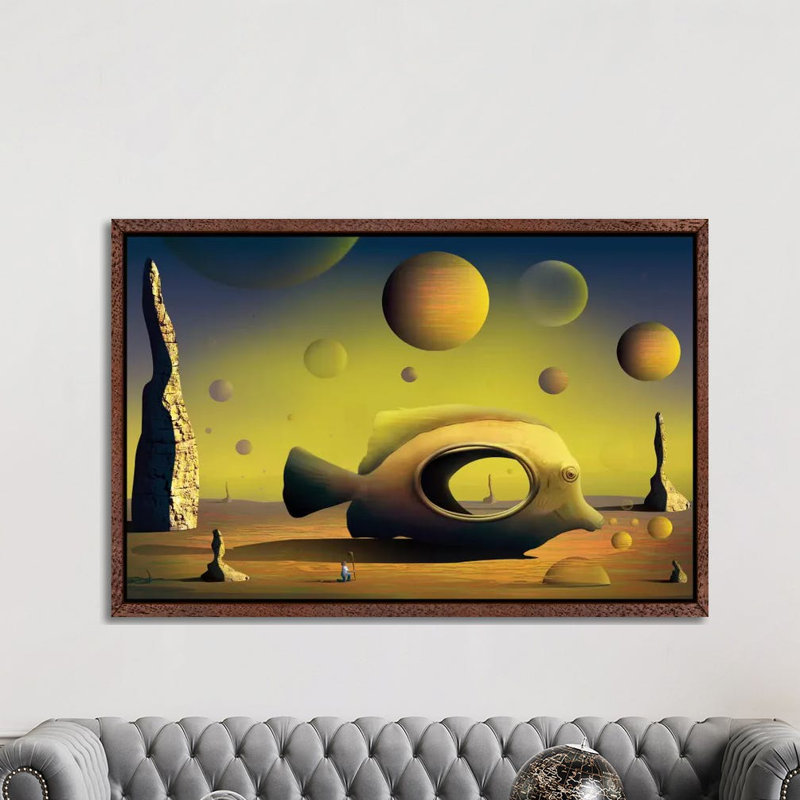 Paisagem Com Peixe (Landscape With Fish) by Marcel Caram - Print on Canvas, Classic Brown Wood Framed