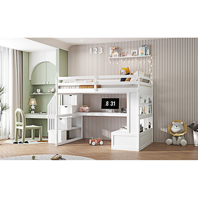Lit mezzanine avec bureau et tablettes, Blanc