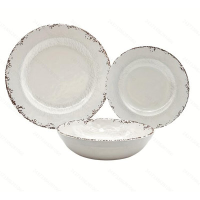 Ensemble de 3 assiettes à dîner en mélamine blanche et bol - finition glaçure craquelée, grande assiette 11 po + petite assiette 8,7 po + bol à riz 8 po, léger et résistant aux chocs pour un usage quotidien