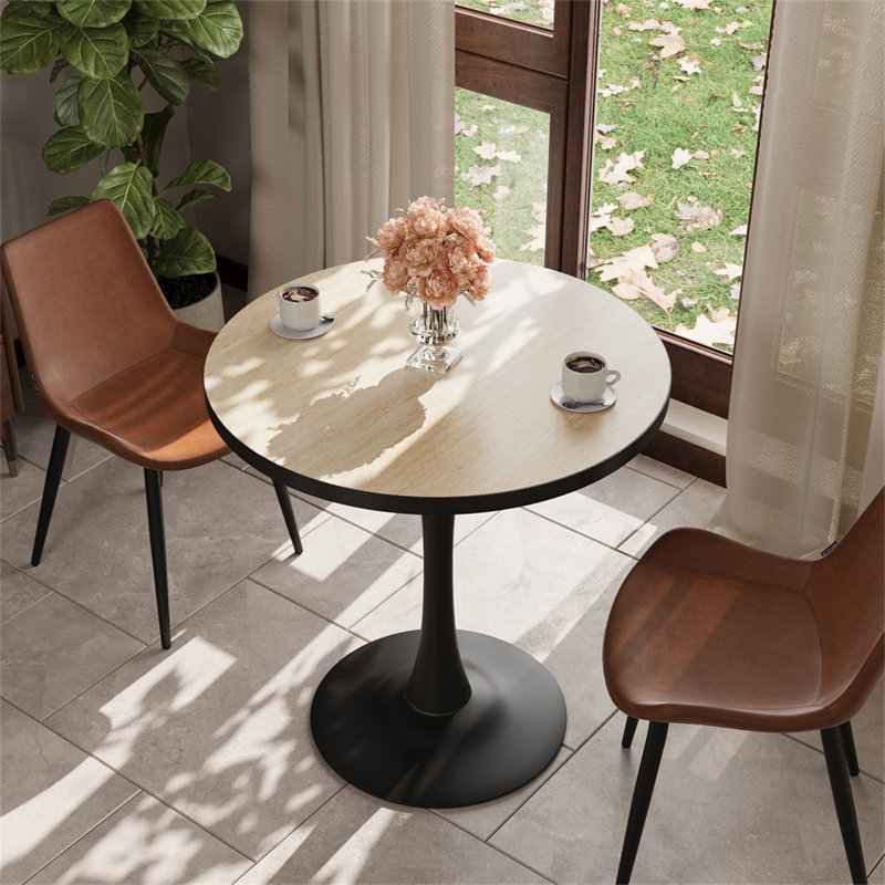 Round Marble Dining Table Mid-century Table With Metal Pedestal Base, Modern Leisure Table For Small Space Kitchen Dining Room, Easy Assembly, Waterproof Design