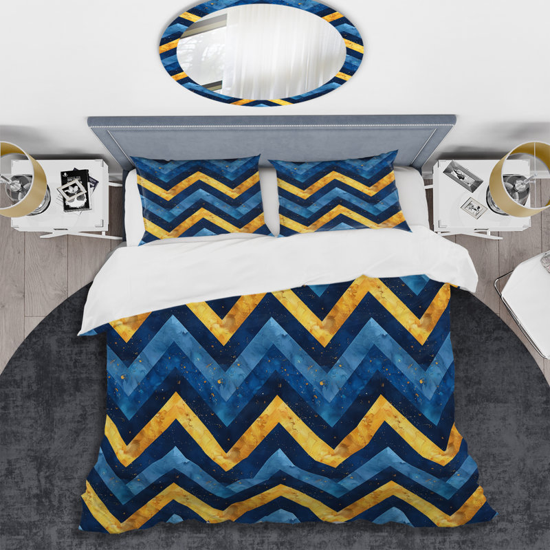 Ensemble de housse de couette moderne à motif de chevrons bleu et or IV, Housse de couette pour grand lit et 2 taies décor
