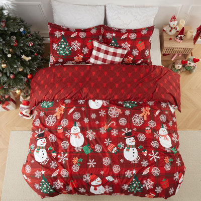 Literie réversible de Noël, housse de couette imprimée en microfibre brossée avec motif bonhomme de neige, flocons de neige et carreaux rouges, 8 attaches aux coins et boutons cachés