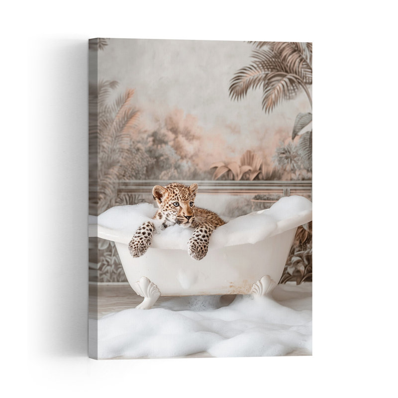 Leopard Cub Bubble Bath Abstract Vintage Palm Tree Landscape Nature Wall Art Print 1 Piece Wrapped Canvas Wall Art