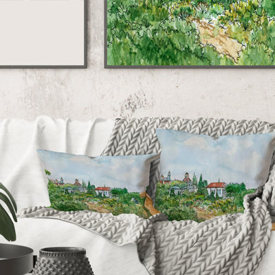 Carré, maison blanche avec toit rouge à la campagne - Coussin décoratif à imprimé traditionnel
