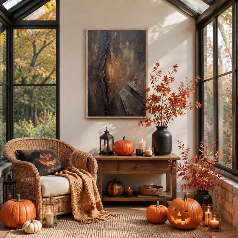Toile murale d'Halloween à texture abstraite brun foncé avec accents dorés, 48"H x 32"W