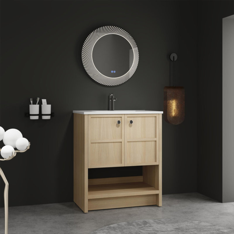 Meuble-lavabo autoportant de 30 pouces avec lavabo en céramique, portes à fermeture douce et finition en chêne élégant pour des salles de bain durables et élégantes