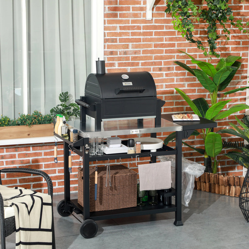 Portable Outdoor Food Display Cart, 46" X 21.75", Stainless Steel, Foldable Side Table, , Black Prep