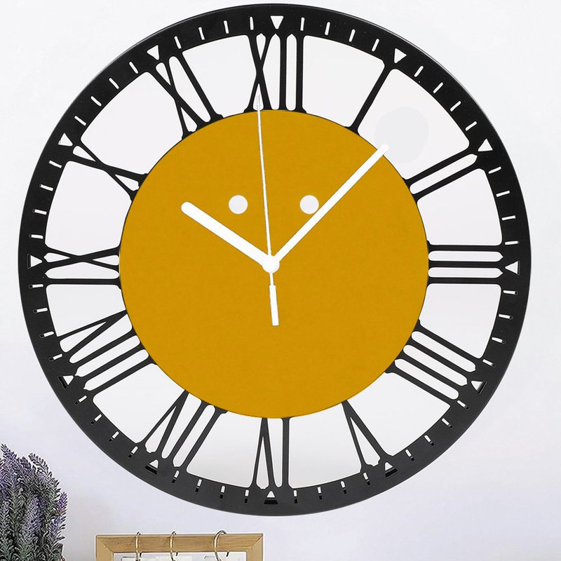 Horloge murale ronde en fer 10 po avec mouvement à quartz silencieux, chiffres romains, impression UV, Jaune moutarde