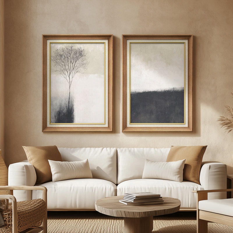 «Minimalist Winter Tree Modern Neutral Landscape in Beige and Black Home Decor», ensemble de 2 reproductions d'art mural encadrées de qualité supérieure sur papier 26 po x 36 po