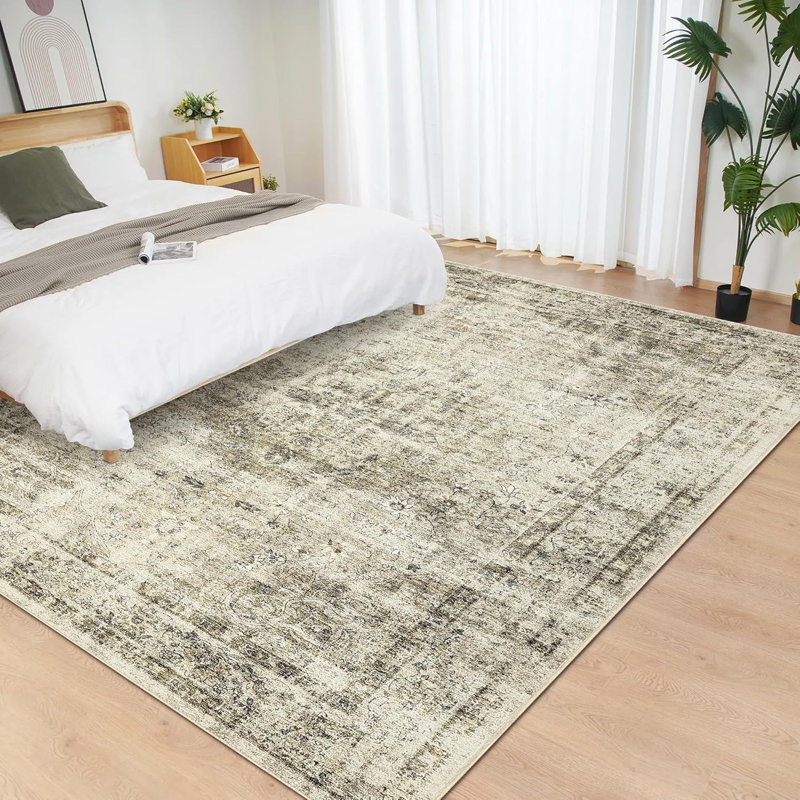 5x7 Washable Floral Rug Thin Non-Slip Low Pile Area Rug Stain Resistant Foldable Space-Saving Carpet Mat for Entryway Beige