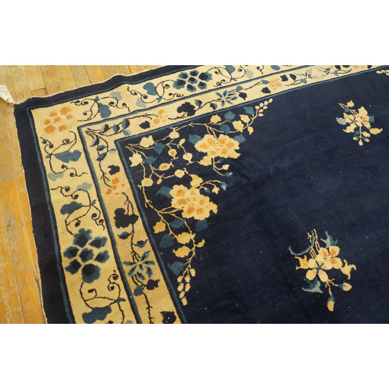 Wool Rectangle Blue Hand Knotted Pile 1920s Antique Chinese Rug