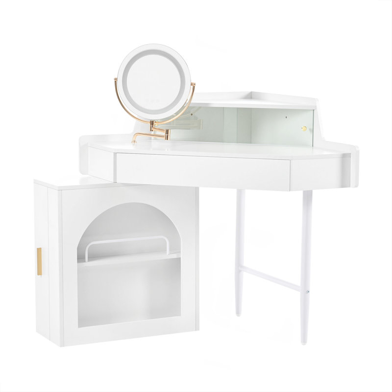 Bureau de coiffeuse de coin avec miroir pliant réglable, éclairage à DEL 3 couleurs, rangement adéquat et tabouret, White