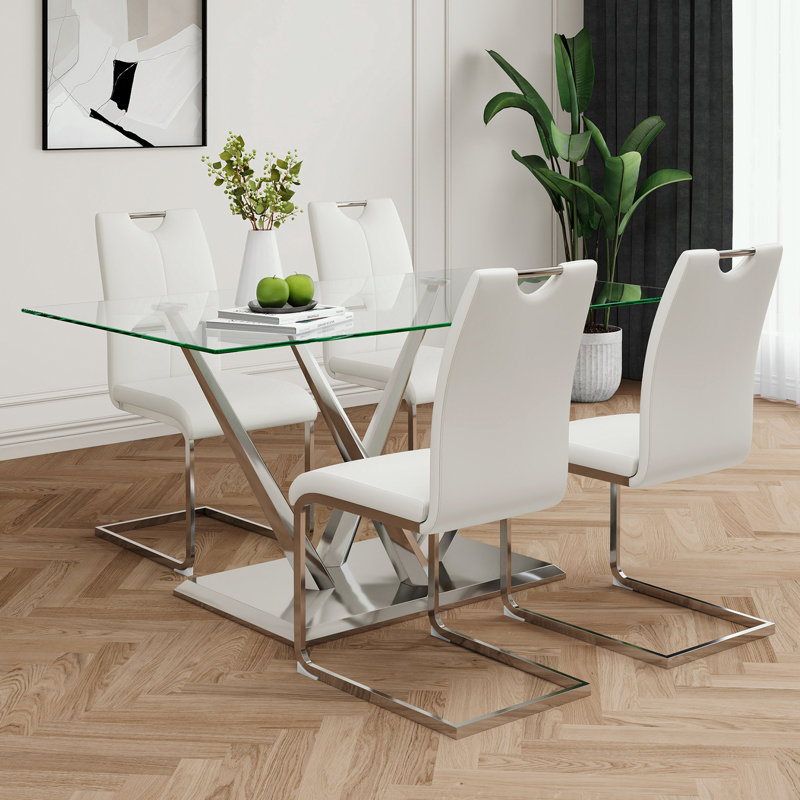 Ensemble de table de salle à manger 5 pièces avec base robuste et plateau en verre, Blanc