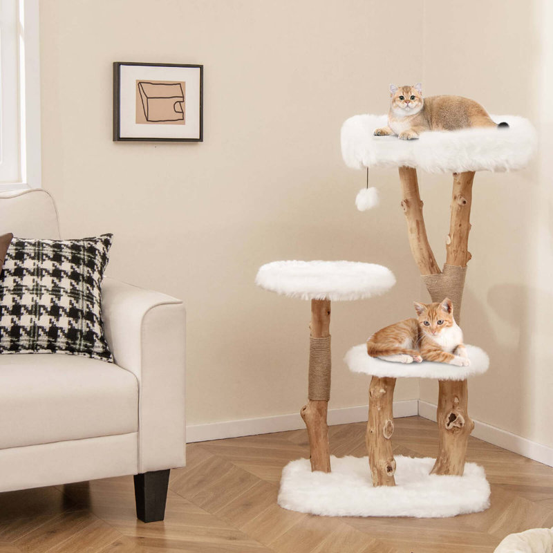 Solid Wood Cat Tree With Perch Natural Jute Scratching Posts Dangling Ball
