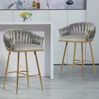 Ensemble de 2 tabourets de bar à hauteur de comptoir, tabouret de bar en velours pour îlot de cuisine avec dossier ondulé à la main, base chromée dorée et repose-pieds