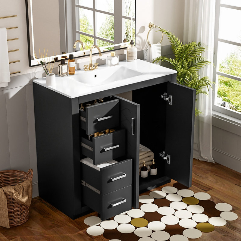 Meuble-lavabo en bois massif avec lavabo en céramique 3 tiroirs et portes à fermeture douce, Noir