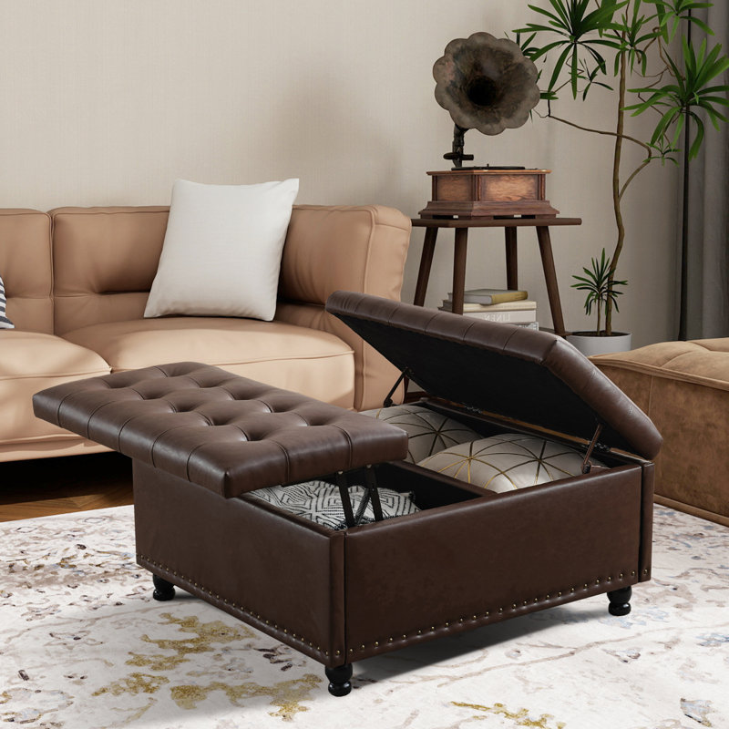 Delmontez 35.5'' Upholstered Storage Square Ottoman, Dark Brown Faux Leather