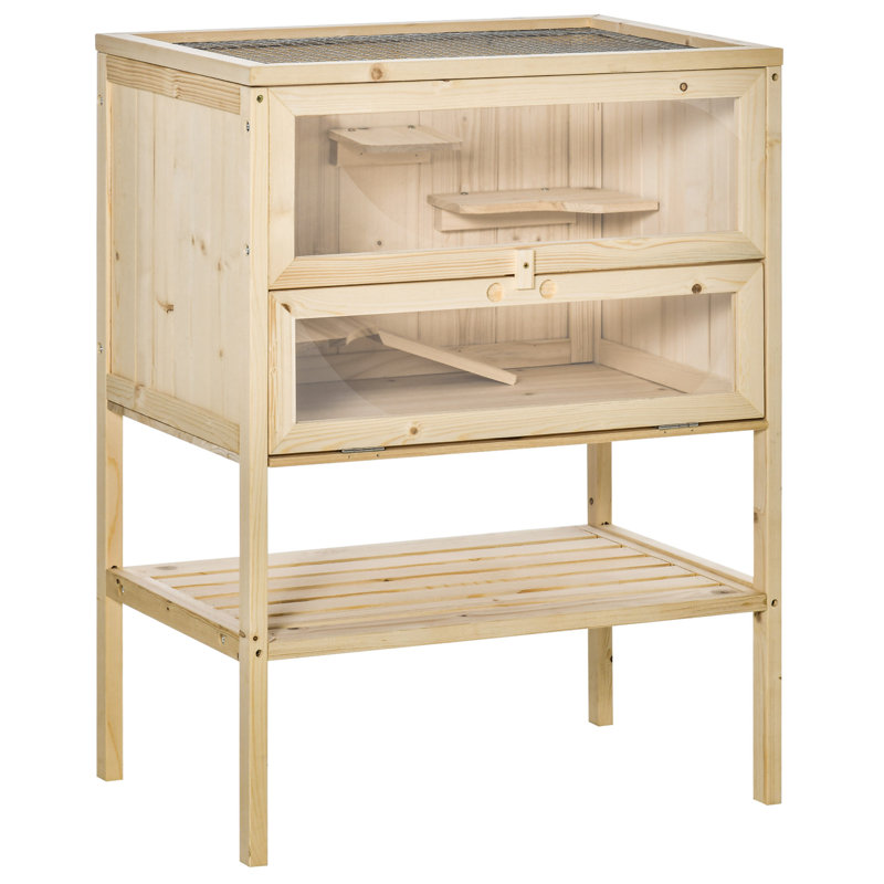 Cage à 3 niveaux en bois avec hamster, Naturel