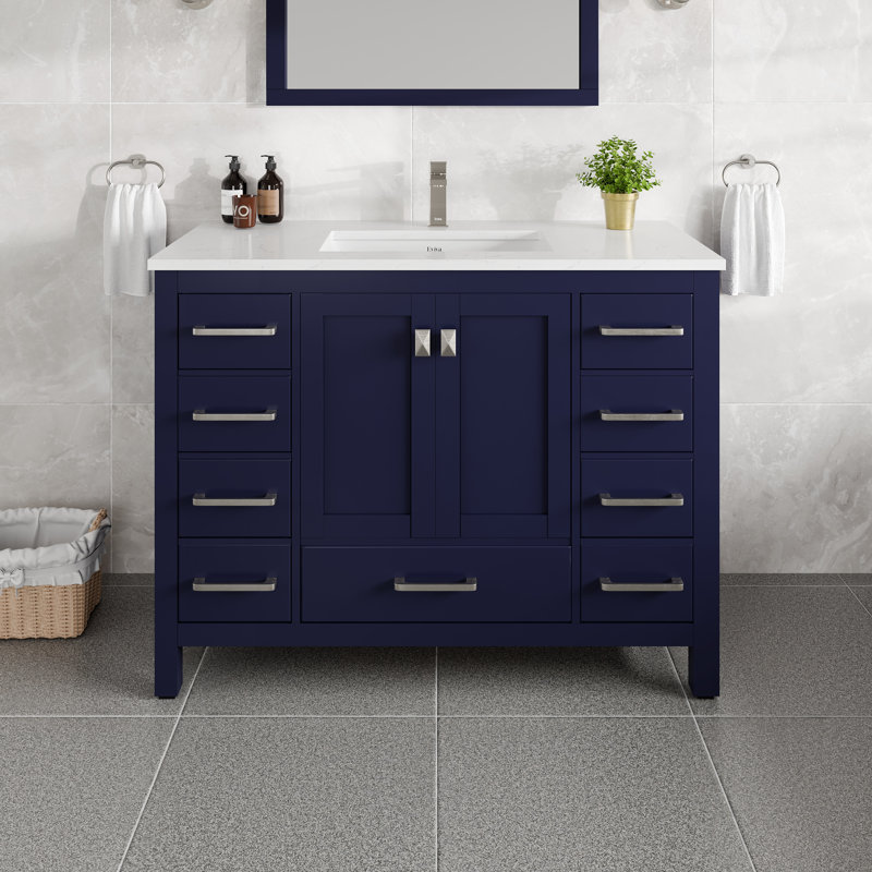 London Meuble-lavabo simple bleu avec comptoir en quartz de Carrare et lavabo encastré en porcelaine