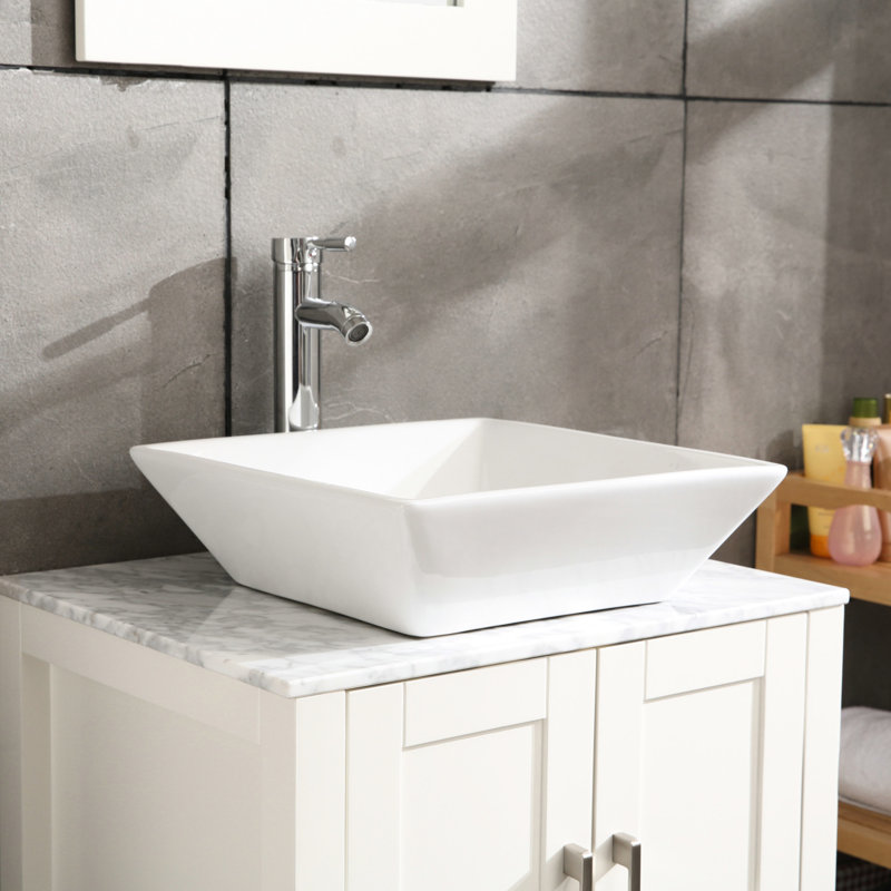 Lavabo vasque de salle de bain carré blanc 16,5 po, comptoir en porcelaine testée fonctionnellement et facile d'entretien