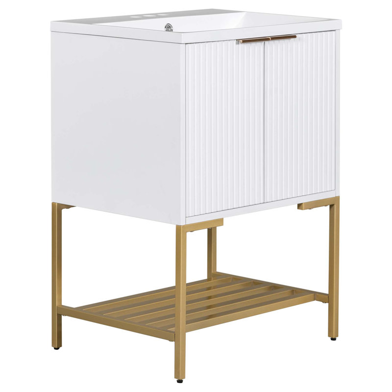 Meuble-lavabo 24 po avec lavabo, meuble-lavabo avec deux portes et structure en métal doré, tablette de rangement ouverte