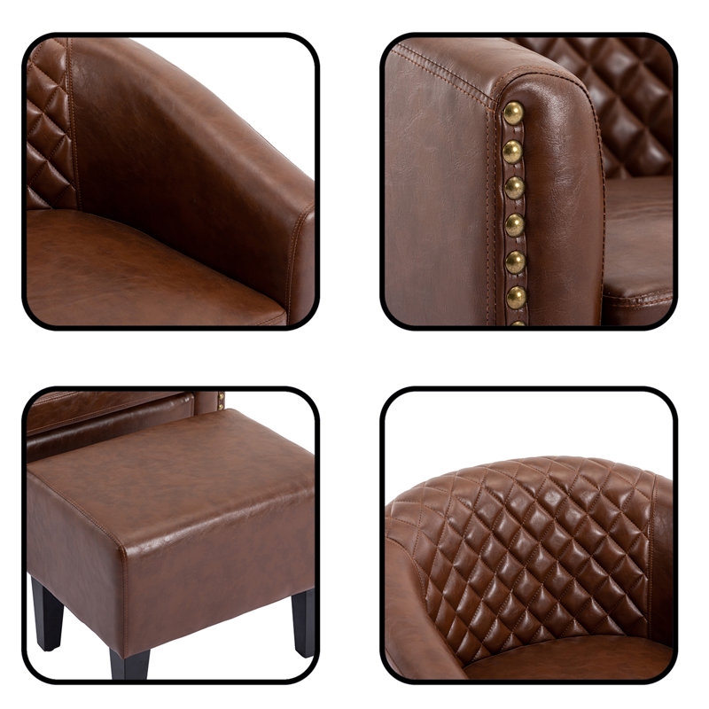 Faux Leather Barrel Chair with Ottoman, Espresso Faux Leather