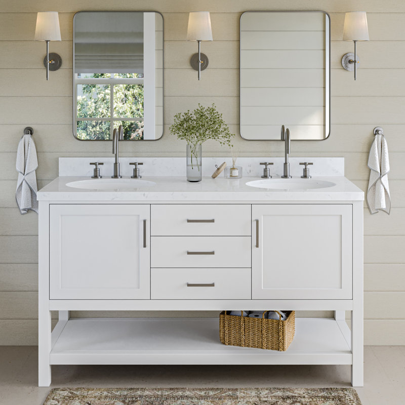 60.25'' Double Bathroom Vanity with Carrara Quartz Top, White