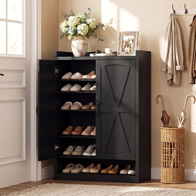 Entryway Shoe Storage Cabinet, Shoe Cabinet with Doors, Wooden Farmhouse Shoe Organizer, Adjustable Shelves, Black
