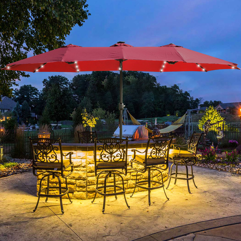 Parasol de patio extérieur double 15X9pi avec base - rouge. Très grand abat-jour pour la cour ou la piscine. Auvent, structure en acier, manivelle facile, évent rouge et base. Plage supplémentaire, jardin. -, rouille