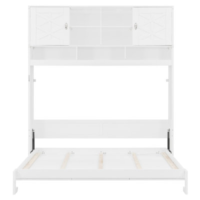 Queen Size Wall Murphy Bed with Storage, Diamond Stripe Design, Space-Saving White Finish
