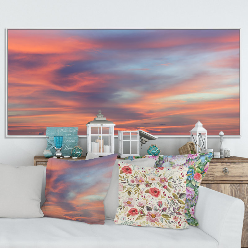 " Red Sky Cloud In Ocean ", White Framed, 16" H x 32" W x 1" D