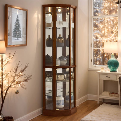 70" Lighted Corner Curio Cabinet, Glass Display Cage with Tempered Glass Doors & Adjustable Shelves, Wine Cabinet Storage Rack for Bar and Liquor Storage(E26 light bulb not included)