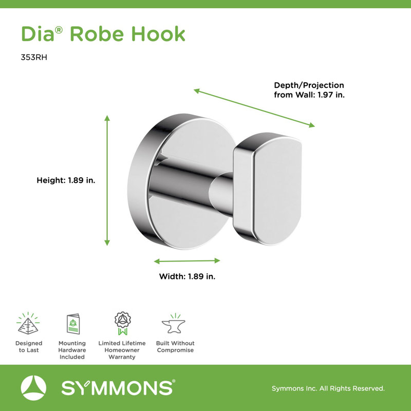 Dia Wall Mounted Robe Hook with Installation Hardware, Polished Chrome