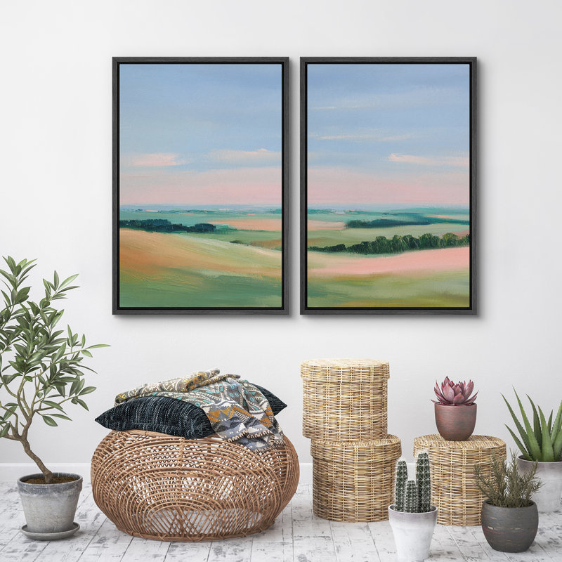 Soft Pastel Rolling Hills Landscape Serene Countryside Horizon Wall Decor for Living Room Bedroom Framed Canvas Master Bedroom Wall Art Work 2 Pieces Print