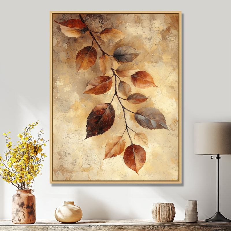 Brun sépia délavé II - feuilles, art mural, H 32 po x l 24 po, Reproduction avec cadre flottant, Crème, crème