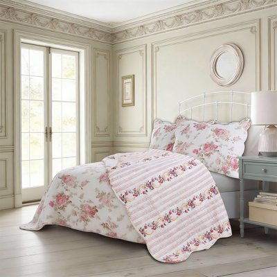 King Cotton Pink Peony Floral Reversible Quilt Set - Pink Peony