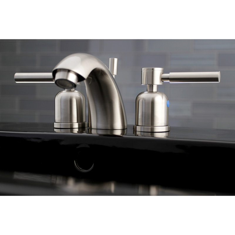 Kingston Brass Concord Two-Handle 3-Hole Deck Mount Mini-Widespread Bathroom Faucet with Plastic Pop-Up, Brushed Nickel