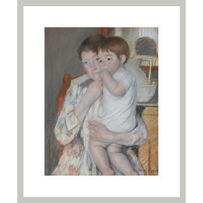 Femme et enfant devant une tablette où sont posés un broc et une cuvette par Mary Cassatt