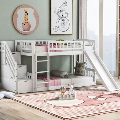 Twintwin Bunk Bed With Two Drawers And Glorious Slide - White Stairway Twin Over Storage Safe & Stylish
