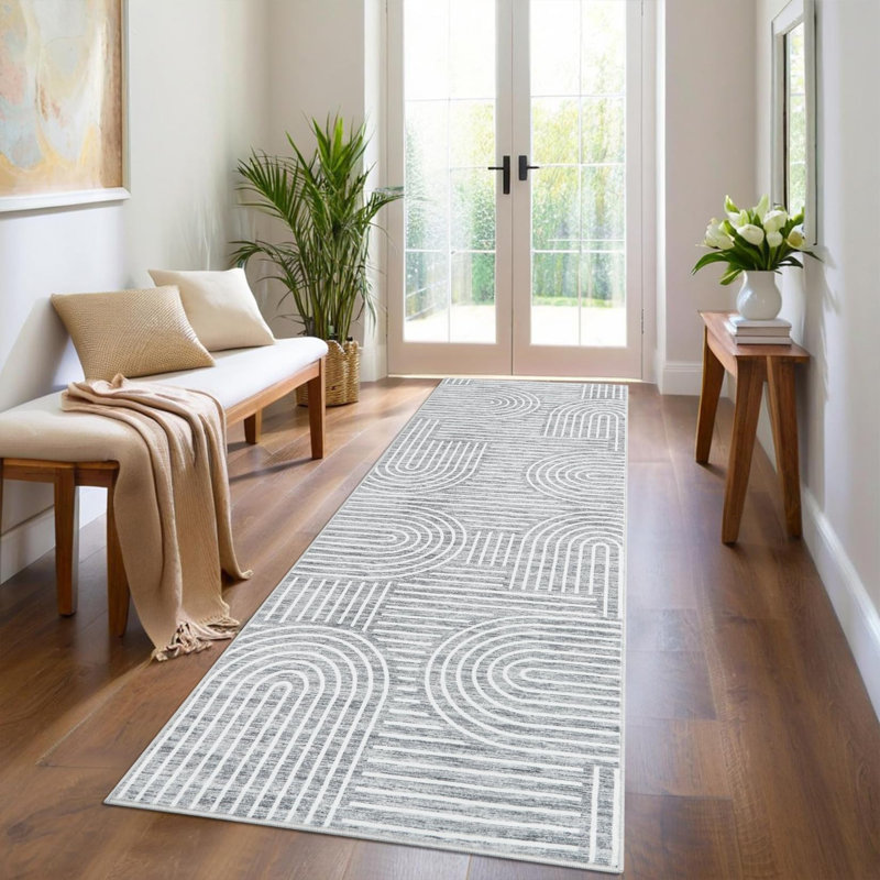 Striped Washable Area Rug, Gray, Rectangle 240 x 340 cm