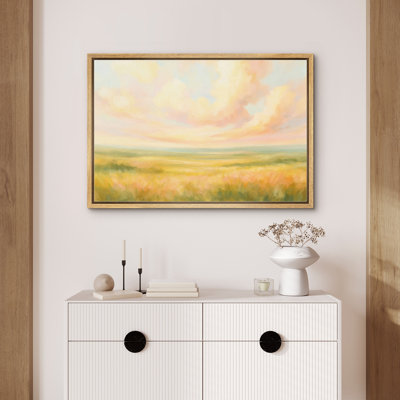 «Pastel Meadow Landscape with Open Fields and Gentle Sky», reproduction d'art sur toile encadrée
