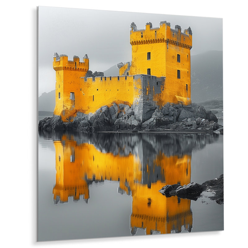 Monochromes jaune, gris, hiver, bord de mer, château, III, château, art mural, salon, Toile tendue, H 32 po x l 16 po