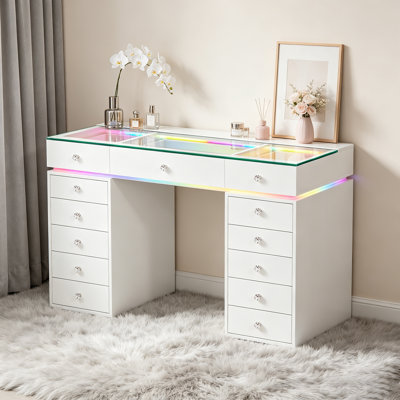 Bureau de meuble-lavabo Mak dégagé avec plateau en verre et bandes lumineuses à DEL intégrées à 13 grands tiroirs