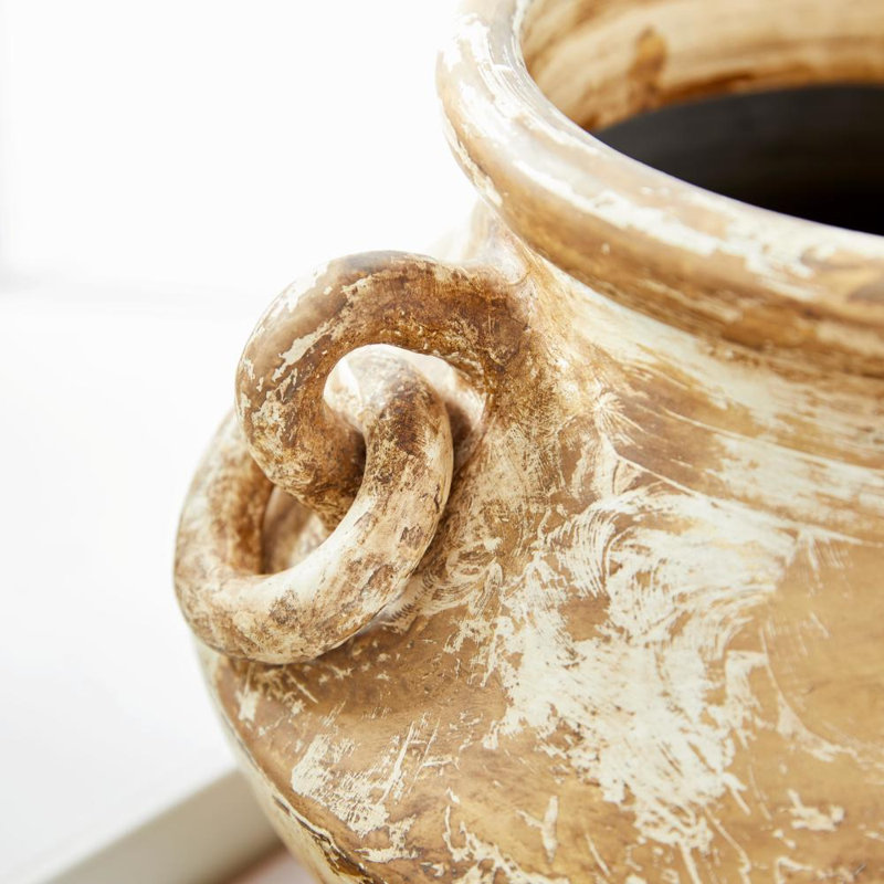Ceramic Distressed Decorative Beige Vase, 10"25 H x 13"25 W x 13"15 D