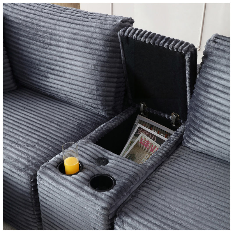 Canapé-lit modulaire 4 places en velours côtelé avec rangement, porte-gobelets et ports USB Aijia Modern l 111 po x P 63,41 po x H 35,4 po